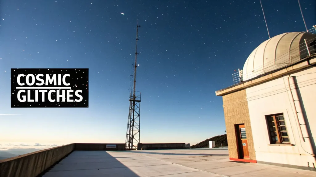 Observatory dome and antenna under starry night sky with text “Cosmic Glitches,” illustrating anomalies in the universe.
