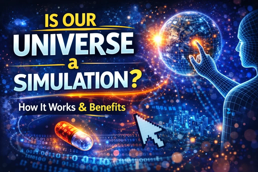 Is Our Universe a Simulation? The Definitive Answer Concept of simulated universe showing digital human figure touching holographic Earth with binary code and cosmic background.