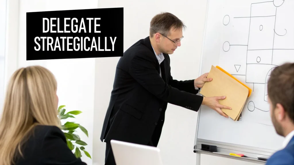 Manager delegating tasks during team meeting at whiteboard, illustrating strategic delegation and leadership skills.