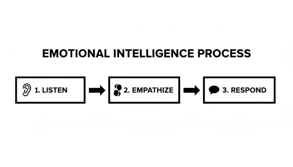 Diagram of emotional intelligence process showing three steps: listen, empathize, and respond.