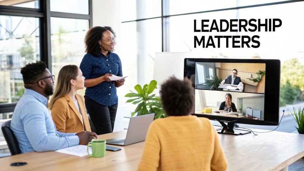 Team meeting with manager presenting while colleagues join via video call on screen, illustrating leadership and team collaboration.
