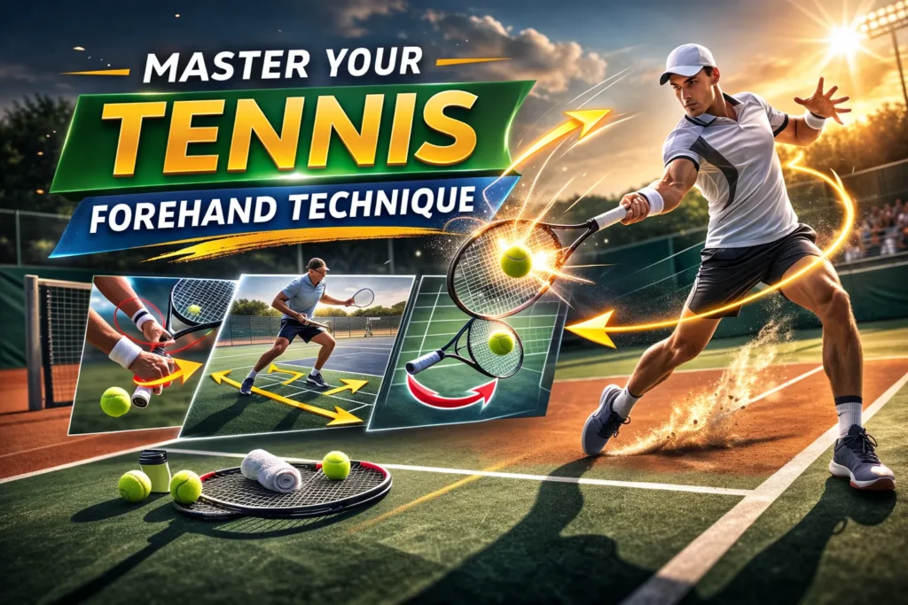 Tennis player hitting forehand on court with grip, rotation, and follow-through visuals, thumbnail about mastering forehand technique.