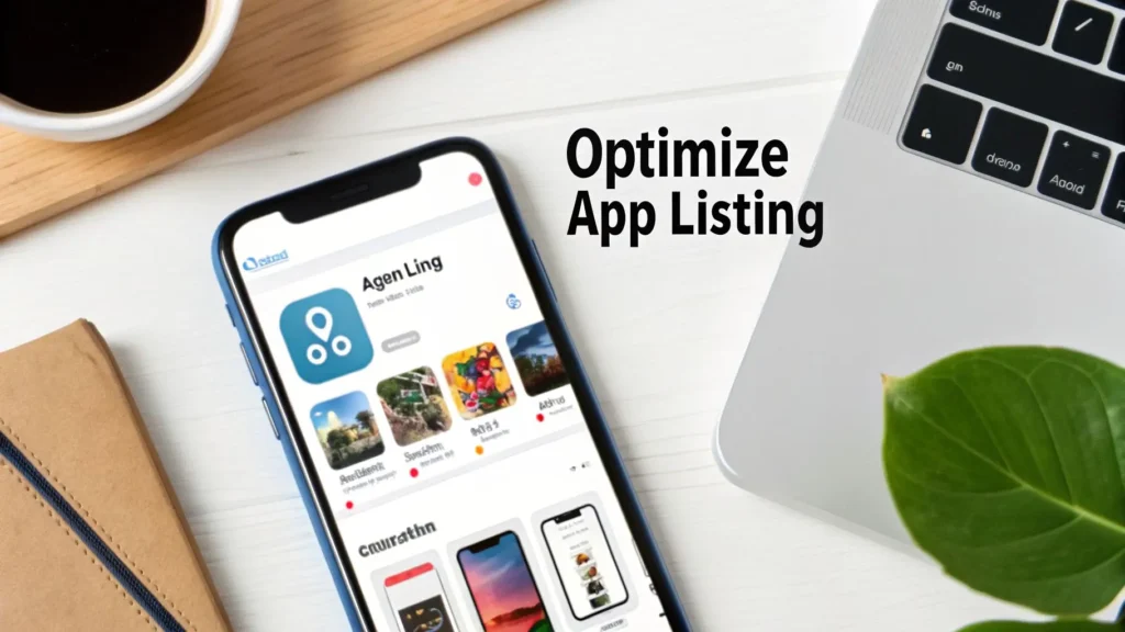 Smartphone showing an app store page beside a laptop with text “Optimize App Listing,” illustrating mobile app marketing optimization.