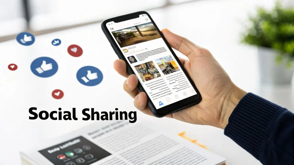Hand holding smartphone with social media feed and floating like icons, illustrating social sharing for mobile app marketing.