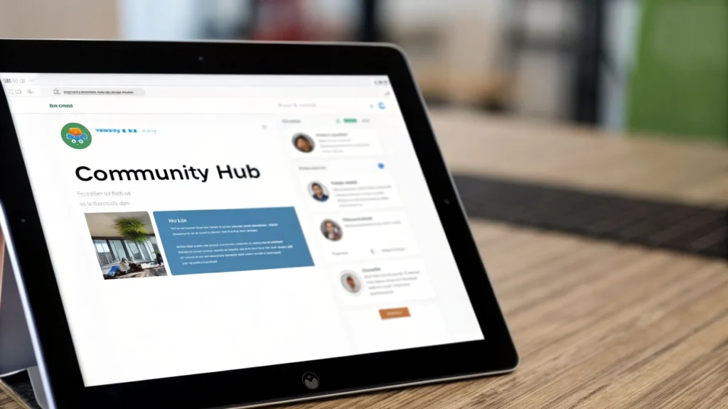 Tablet displaying a “Community Hub” interface on a desk, representing mobile app community engagement and user interaction features.