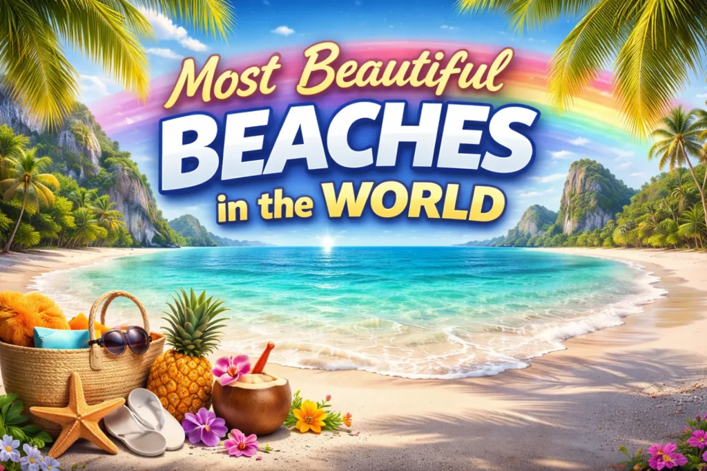 Tropical beach with turquoise water, palm trees, and travel items, with bold text “Most Beautiful Beaches in the World”