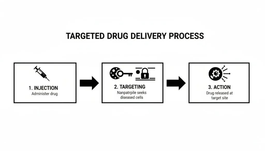Diagram of targeted drug delivery showing injection, nanoparticle targeting diseased cells, and drug release at target site.