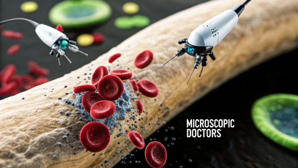 Nanobots inside a blood vessel interacting with red blood cells, illustrating nanotechnology and microscopic medical robots.