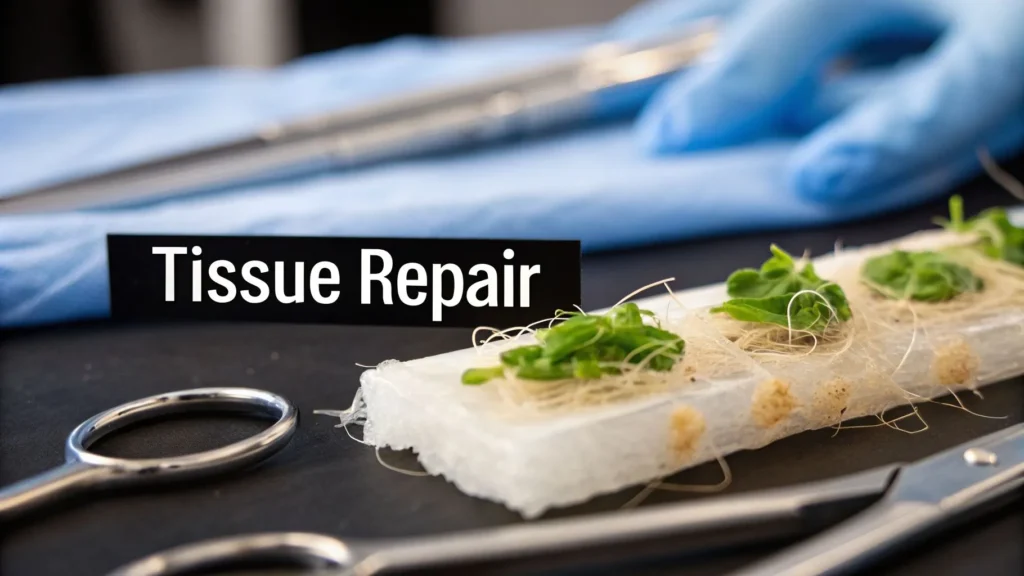 Tissue repair concept showing medical tools and plant-based scaffold for regenerative medicine and nanotechnology applications.