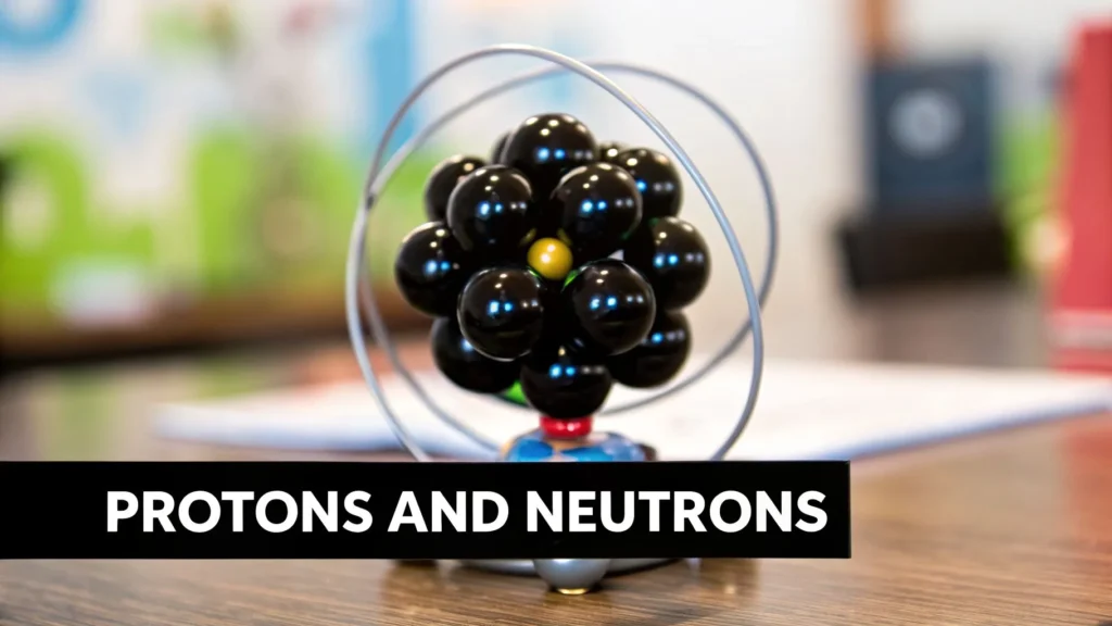 Atomic model showing clustered protons and neutrons in nucleus with orbiting paths, labeled “Protons and Neutrons”.