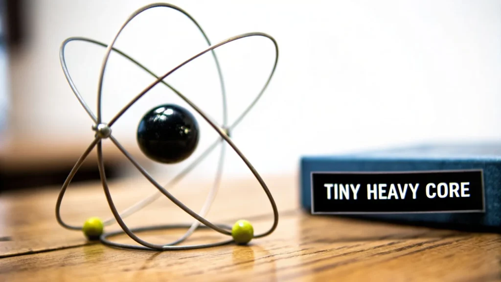 Atomic model with orbiting electrons and central nucleus labeled “Tiny Heavy Core” on a wooden surface.