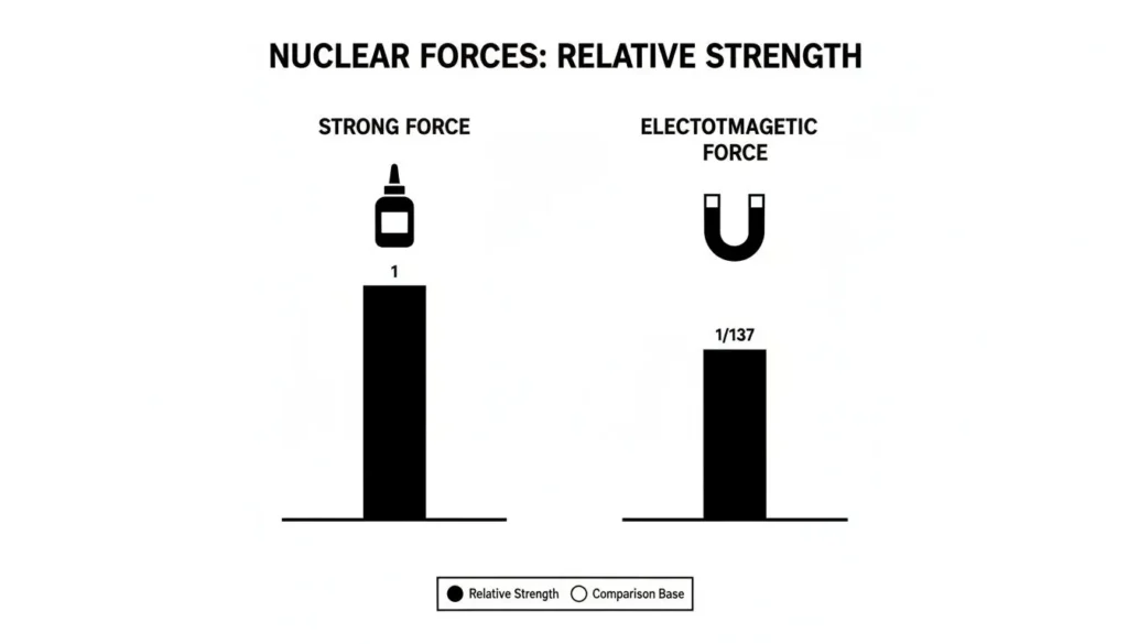 Chart showing nuclear forces relative strength: strong force = 1, electromagnetic force ≈ 1/137.