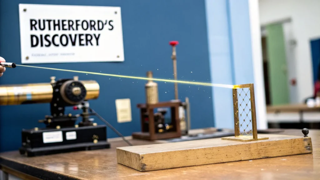 Rutherford experiment setup showing particle beam scattering through gold foil, illustrating atomic nucleus discovery.
