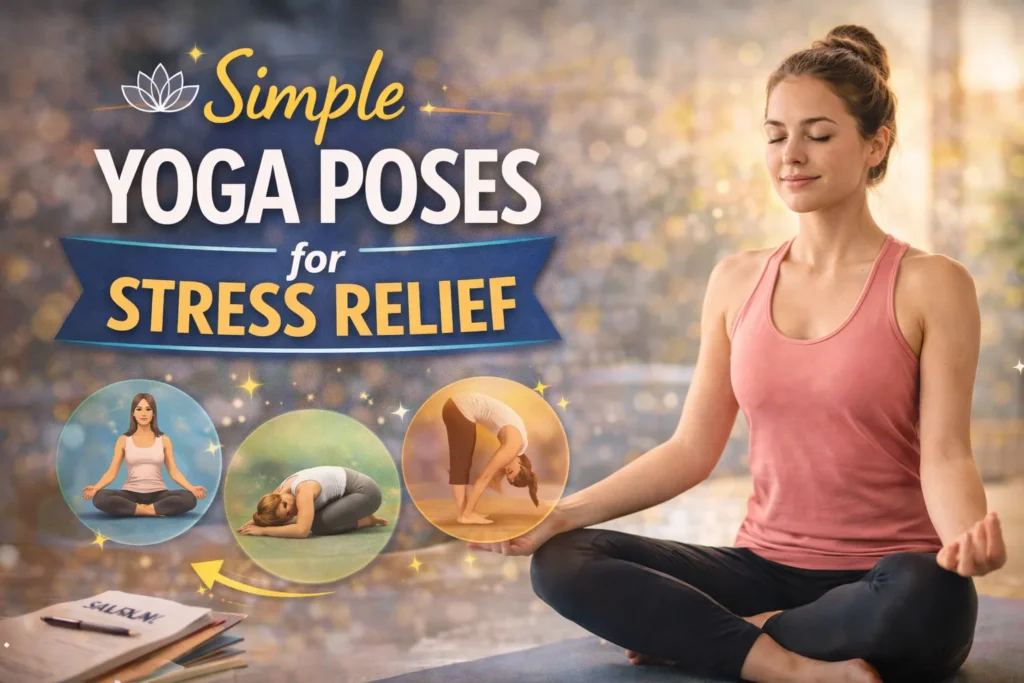8 Simple Yoga Poses for Stress Relief You Can Do Today Woman meditating in yoga pose with icons of simple yoga exercises, thumbnail about yoga poses for stress relief.
