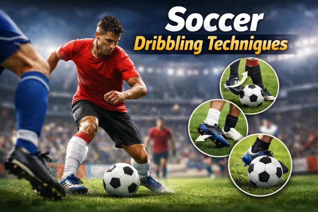 Soccer player dribbling ball on field with close-up footwork visuals, thumbnail about soccer dribbling techniques.