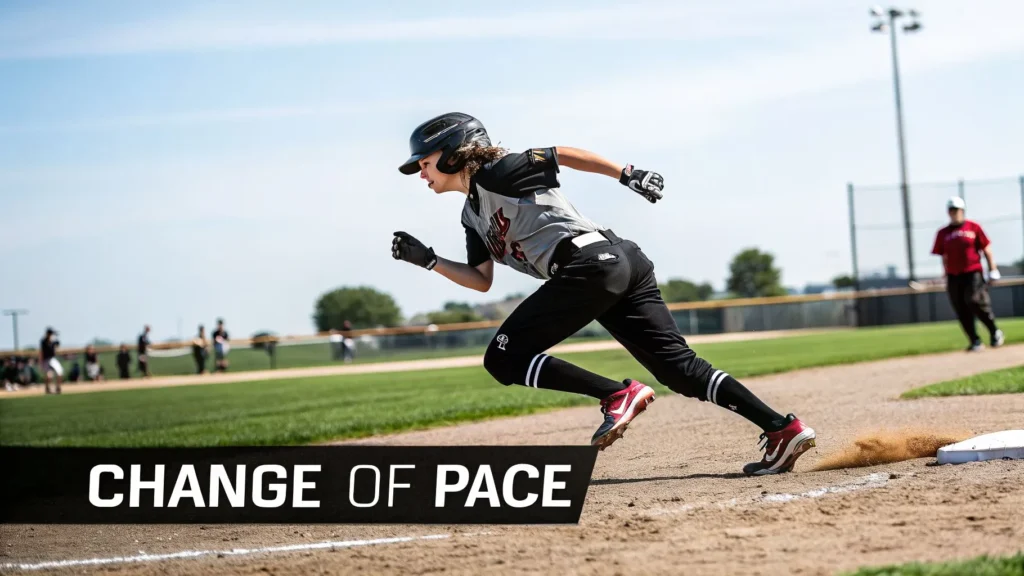 Baseball player sprinting off base on dirt field with text “Change of Pace”.