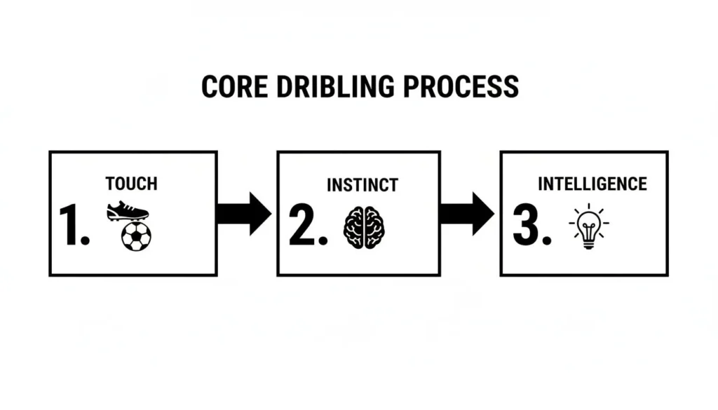 Infographic of core dribbling process: touch, instinct, and intelligence steps with soccer icons.