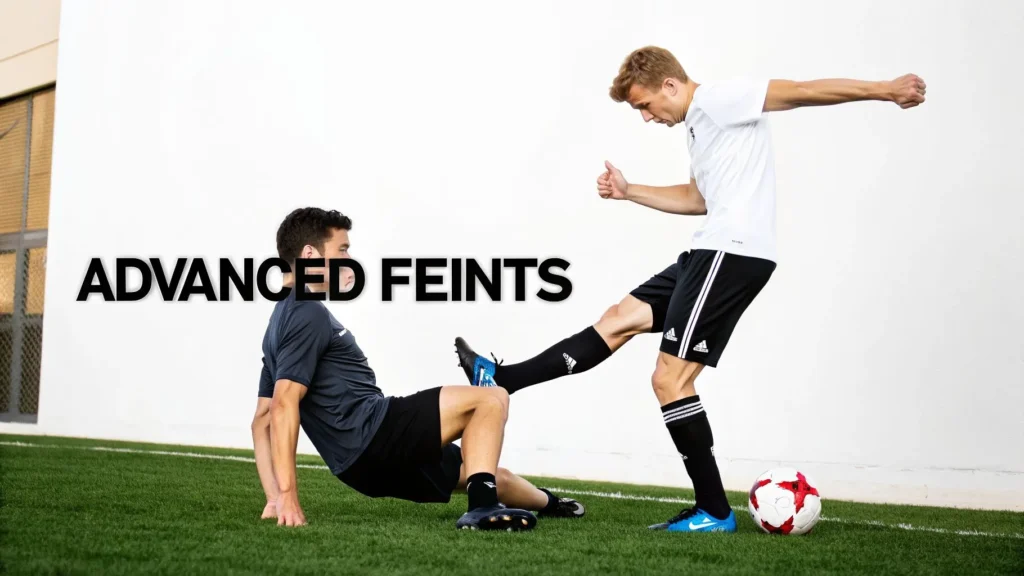 Two soccer players demonstrating advanced feints on grass field with ball and training movement.