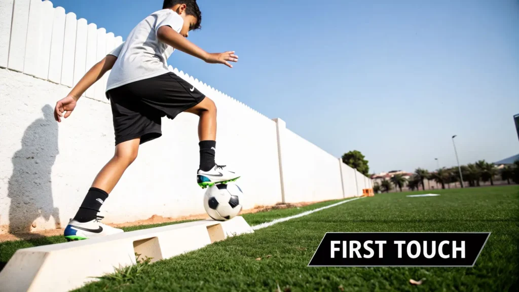 Youth soccer player practicing first touch control drill on a training block with a soccer ball on a field.