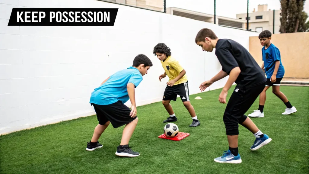 Youth soccer players practicing a keep possession drill around a ball during a team training session on a field.
