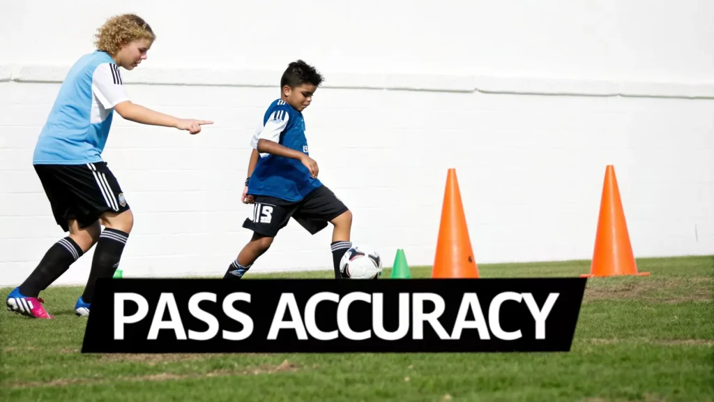 Youth soccer players practicing pass accuracy drill with cones on a field during a team training session.