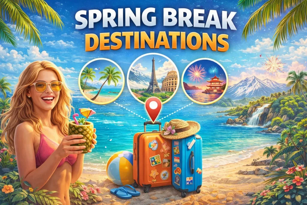 Spring break destinations thumbnail with tropical beach, traveler with drink, suitcase, and icons of popular global vacation spots.