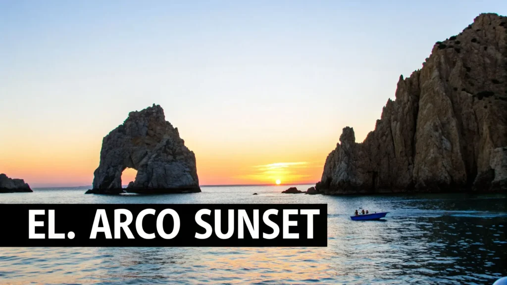 Sunset at El Arco rock formation with boat on water, Cabo San Lucas coastline scenery.