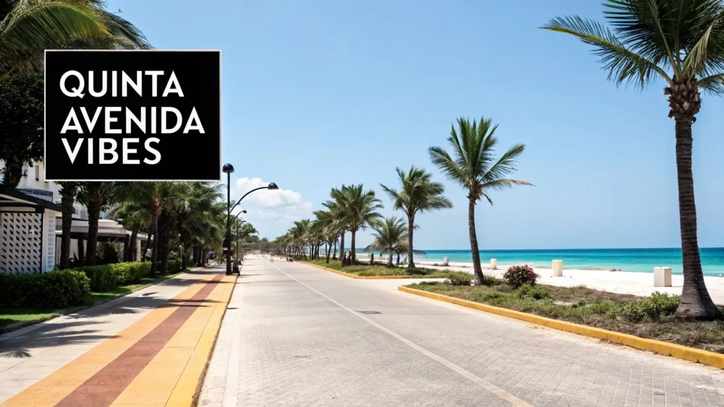 Palm-lined coastal street along Quinta Avenida with ocean view, clear sky, and beachside walkway.