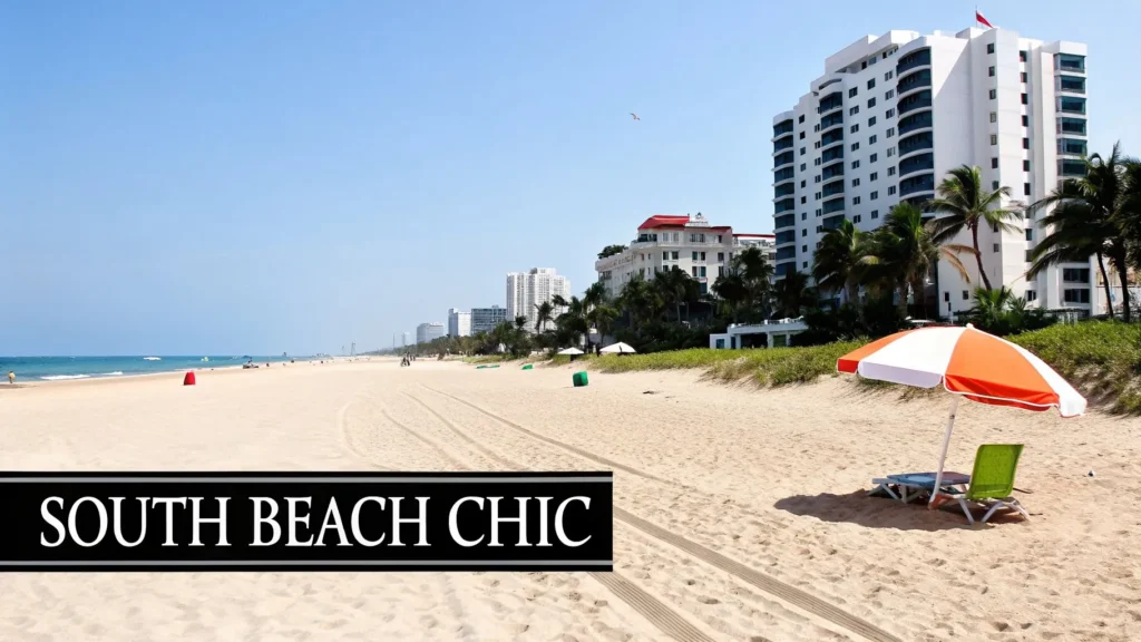 Sunny South Beach with hotels, palm trees, and beach umbrella, showcasing coastal resort lifestyle.