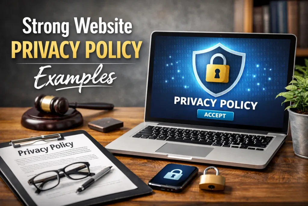 Laptop showing privacy policy shield icon on screen, with legal documents, gavel, and padlock illustrating website privacy protection concept.