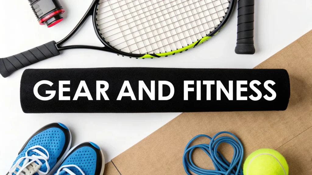Master Your Tennis Forehand Technique in 2026 Tennis gear and fitness items including racket, shoes, rope, and ball, labeled “Gear and Fitness”.