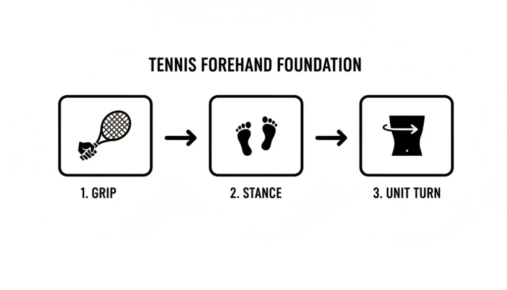 Master Your Tennis Forehand Technique in 2026 Tennis forehand foundation diagram showing grip, stance, and unit turn steps with simple icons.