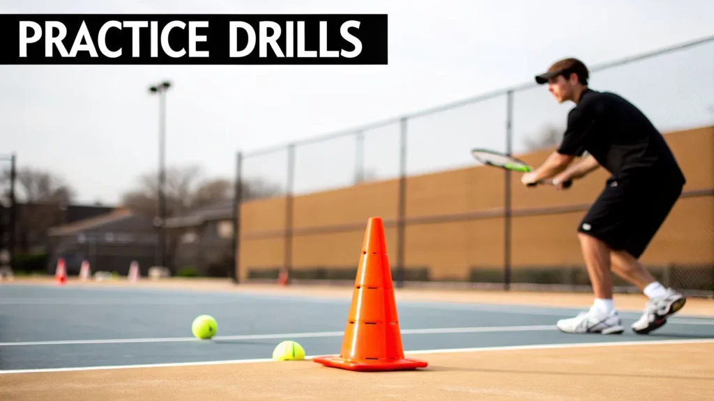 Master Your Tennis Forehand Technique in 2026 Tennis player practicing forehand drills with cones and balls on court, labeled “Practice Drills”.