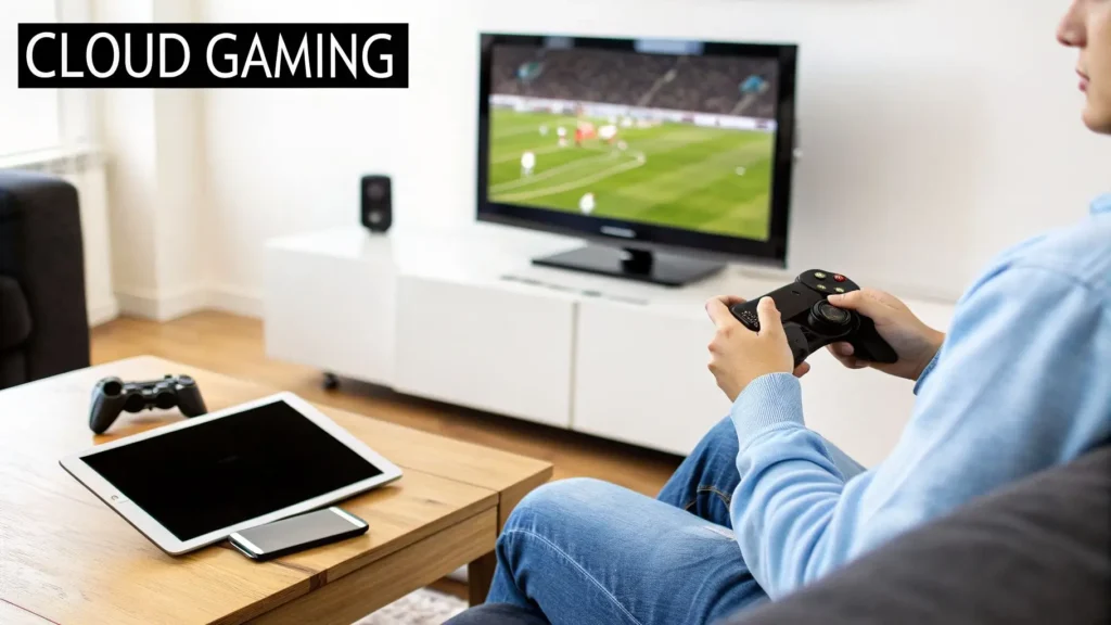 Person playing video game with controller on TV, with tablet and smartphone nearby, illustrating cloud gaming at home.
