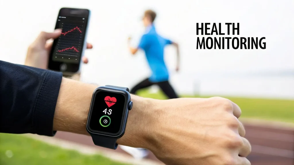 Smartwatch and smartphone tracking heart rate during running, illustrating wearable health monitoring and fitness tracking.