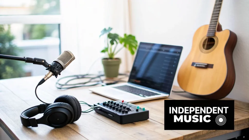 Home music studio with microphone, headphones, laptop, mixer, and guitar illustrating independent music recording setup.