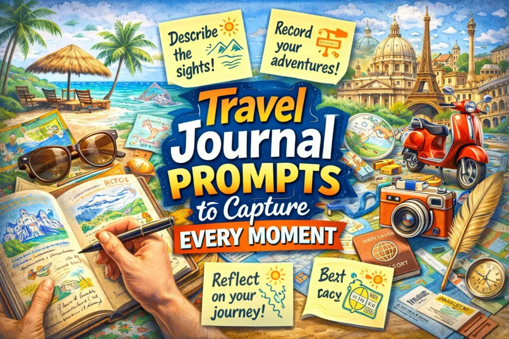 Colorful travel-themed thumbnail with journal, maps, camera, and prompts about capturing moments, set between beach and city scenes.