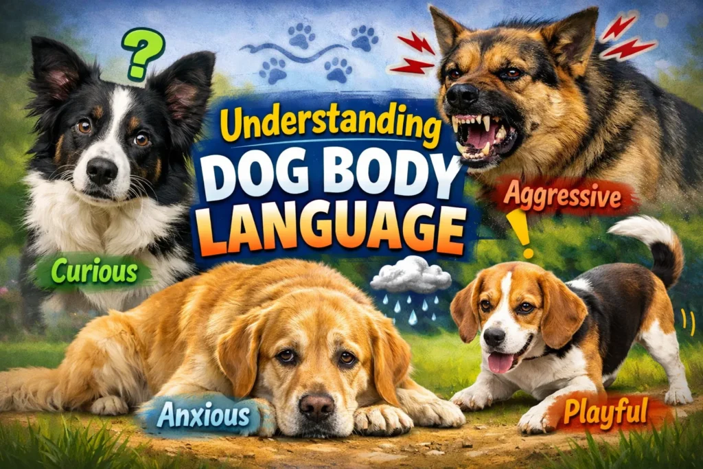 Colorful thumbnail showing four dogs illustrating body language: curious, aggressive, anxious, and playful, with bold title text.