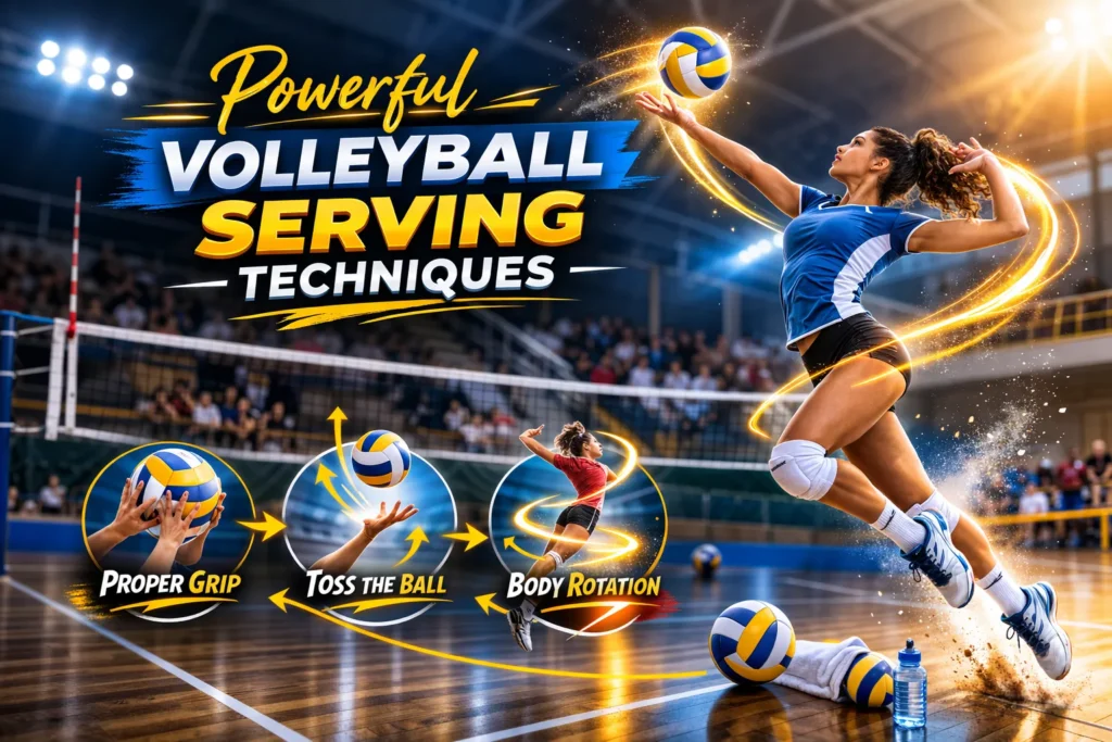 Volleyball player jumping to serve with icons showing grip, toss, and swing, thumbnail about powerful volleyball serving techniques.