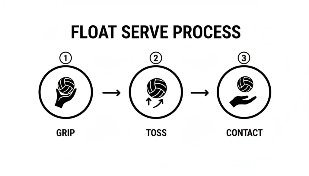 Unlocking Powerful Volleyball Serving Techniques in 2026 Infographic of float serve process showing grip, toss, and contact steps with volleyball icons.