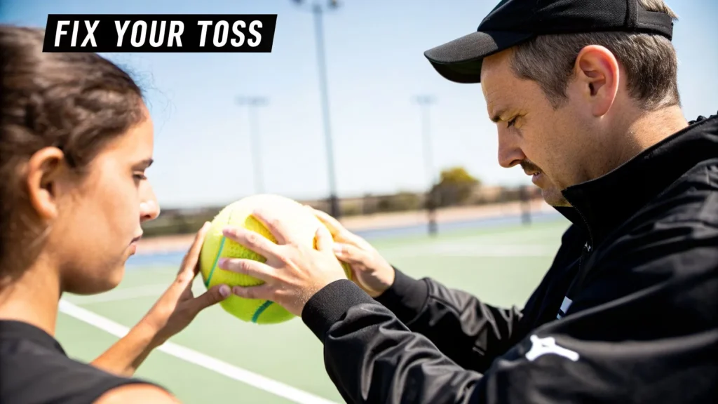 Unlocking Powerful Volleyball Serving Techniques in 2026 Coach teaching player how to fix ball toss on court, with text “Fix Your Toss”.
