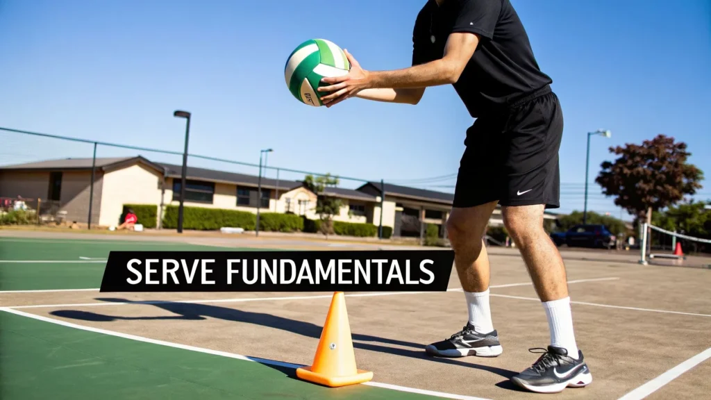 Unlocking Powerful Volleyball Serving Techniques in 2026 Player holding volleyball on outdoor court near cone with text “Serve Fundamentals”.