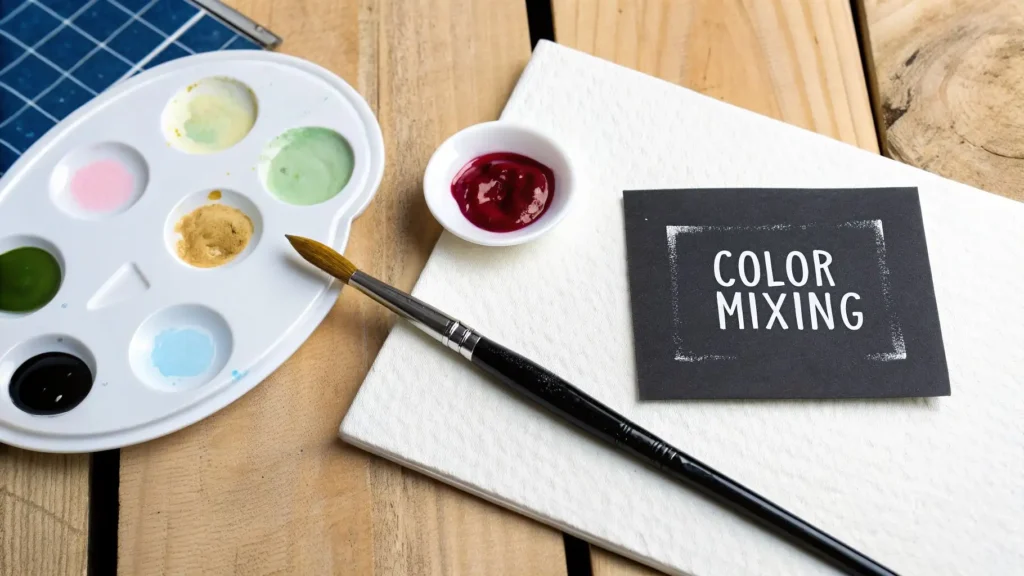 Watercolor palette, paintbrush, and paper with card reading ‘Color Mixing,’ illustrating watercolor painting technique for beginners.