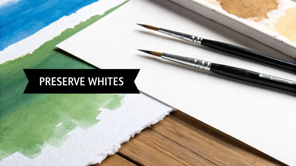 Watercolor brushes and paper with green wash demonstrating technique to preserve white areas in watercolor painting.