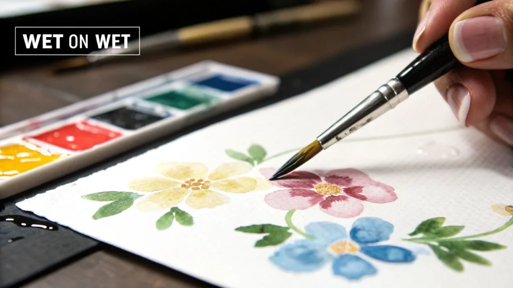 Artist using wet-on-wet watercolor technique to paint colorful flowers with a brush and palette on paper.