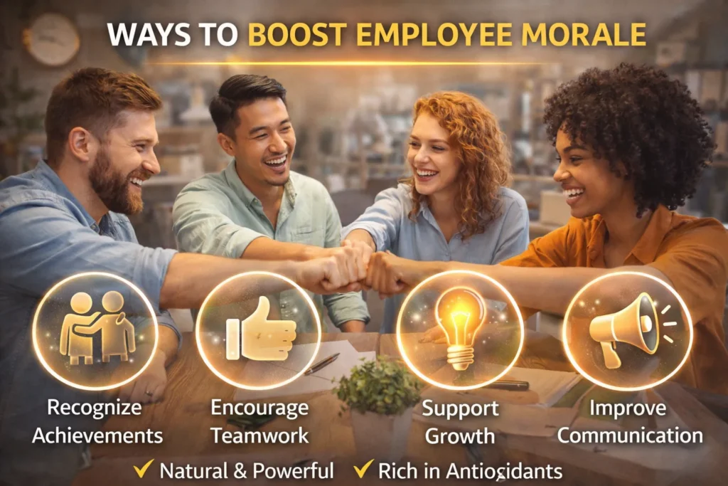 Team of coworkers fist bumping in office with icons for recognition, teamwork, growth, and communication boosting morale.