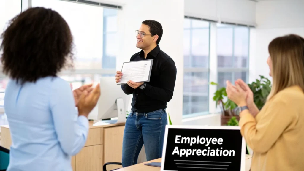 Employee holding certificate as coworkers applaud in office, with sign “Employee Appreciation”.