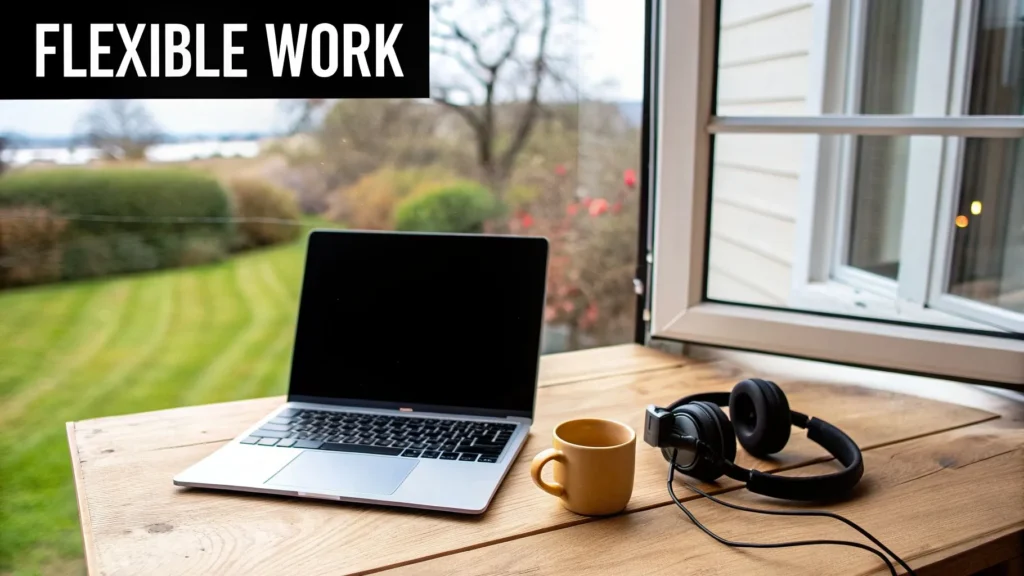 Laptop, coffee, and headphones on desk by open window with garden view, labeled “Flexible Work”.