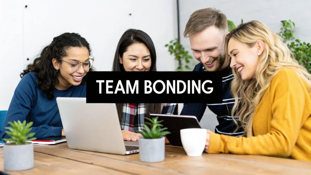 Team collaborating around laptop and tablet, smiling, with text “Team Bonding”.
