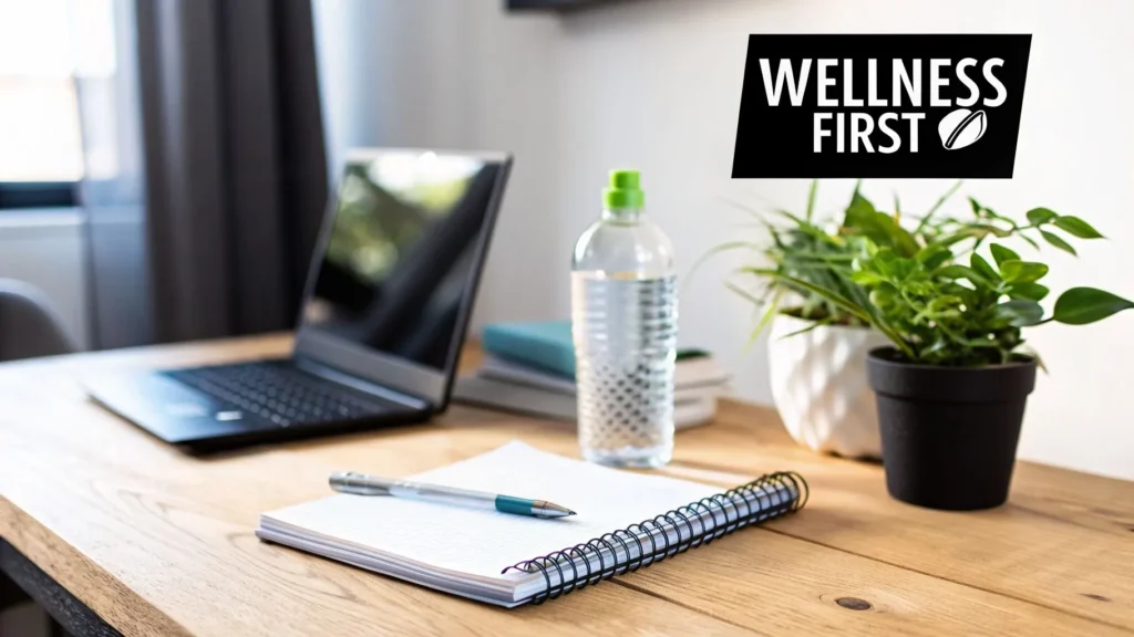 Desk with laptop, notebook, water bottle, and plants, labeled “Wellness First,” promoting a healthy workspace.
